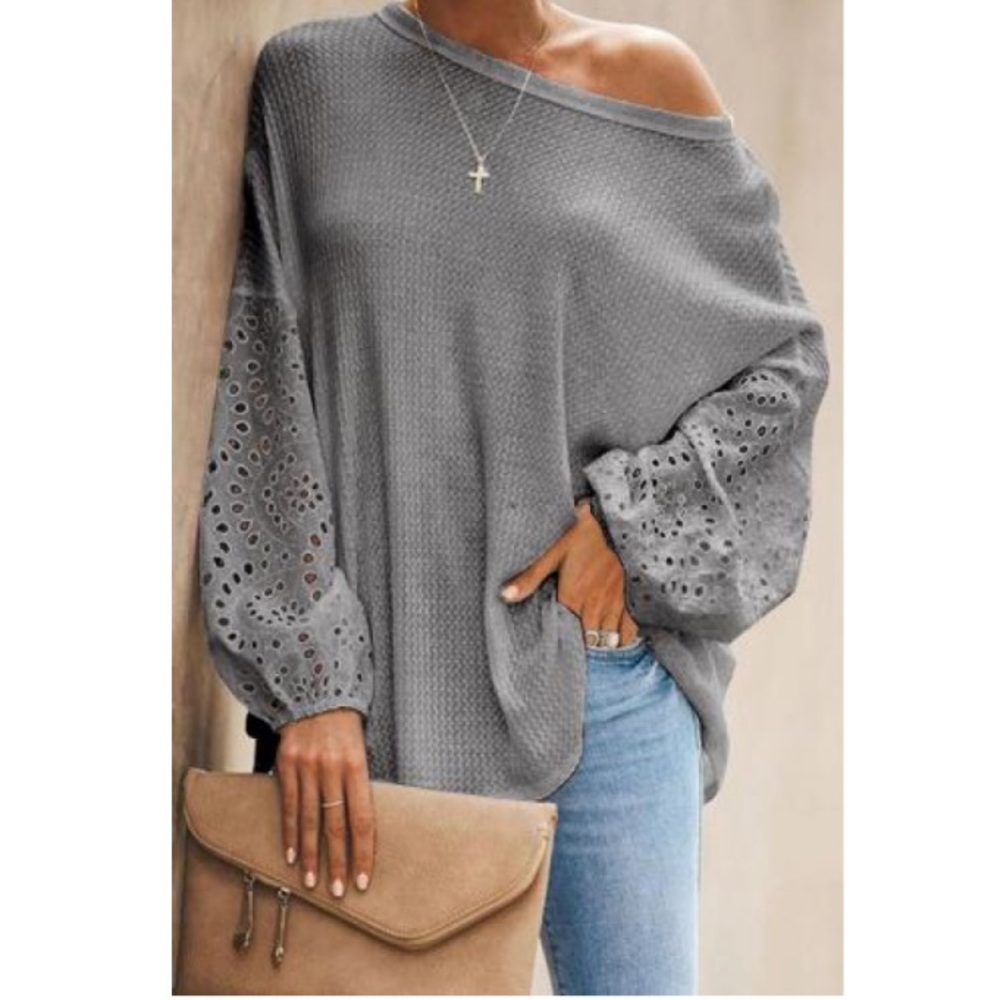 Gray Eyelet Lace Puffy Sleeve Top